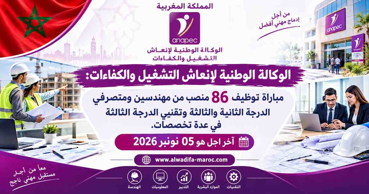 الوكالة الوطنية لإنعاش التشغيل والكفاءات: مباراة توظيف 86 منصب من مهندسين ومتصرفين وتقنيي الدرجة الثالثة. آخر أجل هو 05 نونبر 2026	